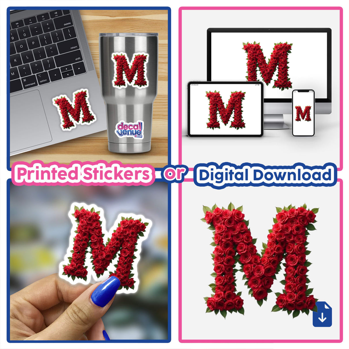 Elegant Floral Letter M Clipart - Downloadable Sticker with Commercial Rights, featuring a collage with a laptop, silver cup, and floral letter M designs.