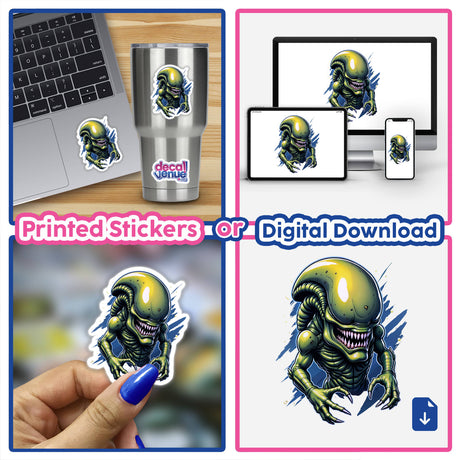 Collage featuring A Cool Xenomorph Alien Warrior sticker on a laptop, highlighting its sharp claws and teeth. Available as vinyl stickers or digital artwork from Decal Venue.