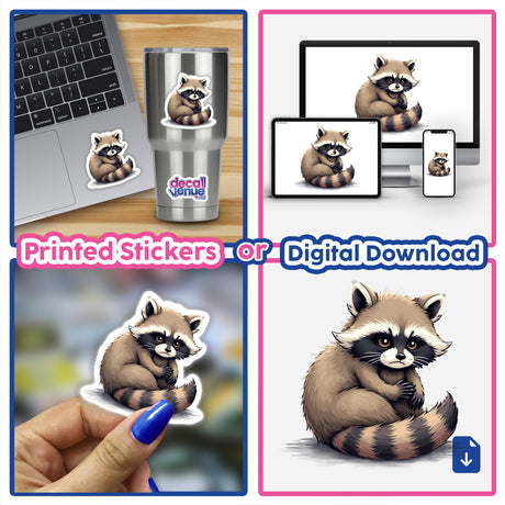 Adorable Raccoon Sitting with Grumpy Expression, featured in a collage with various raccoon images, available as stickers or digital artwork.