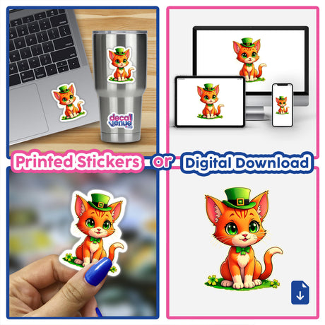 St. Patrick's Day Kitten sticker featuring a cartoon orange cat wearing a green hat, available as a unique sticker or digital artwork from Decal Venue.