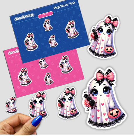 Cute Ghost with Pink Bow stickers featuring cartoon ghosts with bows, pumpkins, and flowers. Hand holding one sticker. Available as stickers or digital artwork.