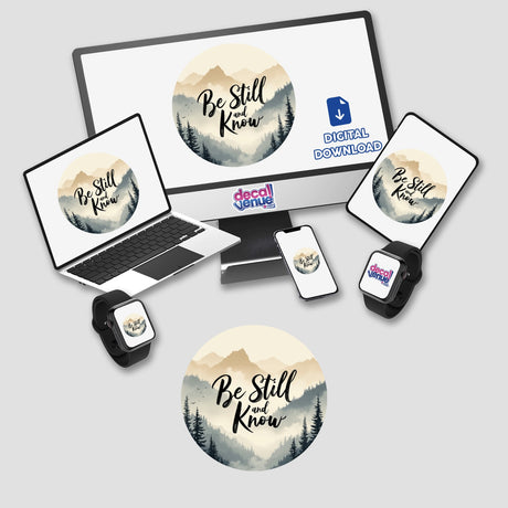 Be Still and Know Sticker & Clipart | Christian Quote | Psalm 46:10 showcasing a laptop, monitor, and phone displaying the inspirational Bible verse amidst serene forest and mountain imagery.