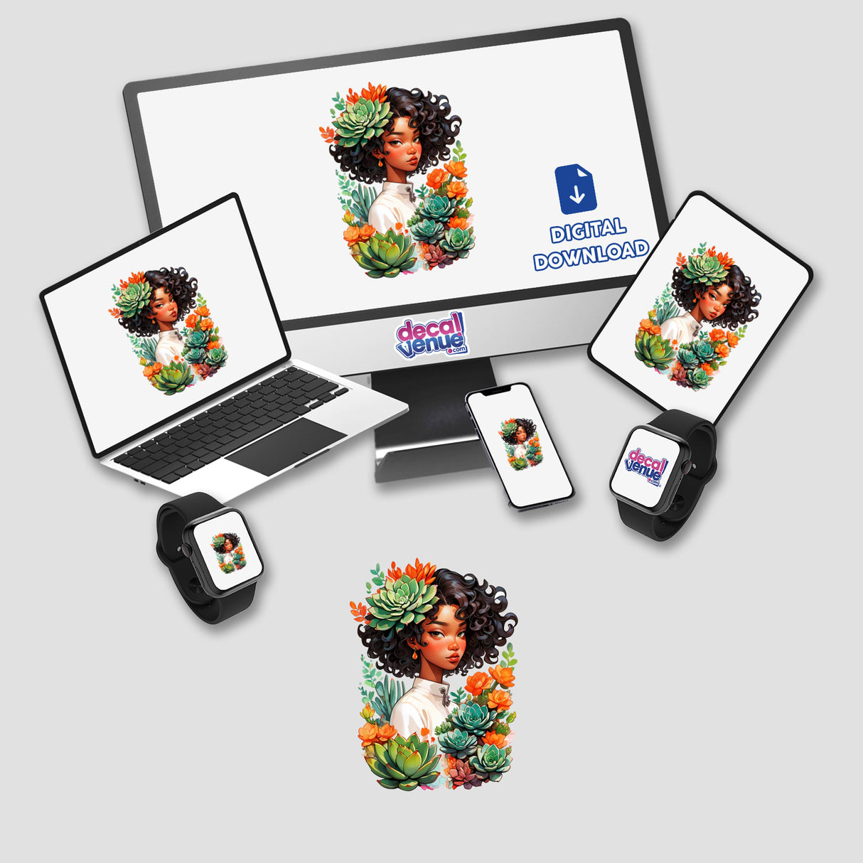 Botanical Afro-Korean Portrait Sticker | Succulent-Inspired Design: A cartoon woman with succulents in her hair displayed on a laptop and computer monitor. Available as stickers or digital artwork.