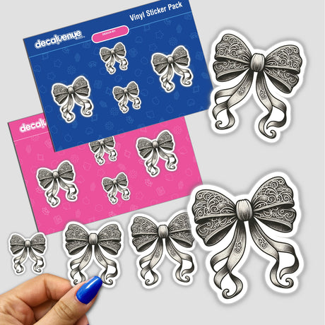 Elegant lace bow stickers in black and white, displayed on colorful sticker packaging. The stickers feature intricate, decorative bow designs that can be used to add a touch of style to various surfaces.