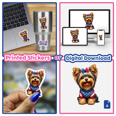 Patriotic 4th of July Yorkie Dog - Cute digital artwork featuring a Yorkshire Terrier dog wearing patriotic stars and stripes accessories, shown on various digital devices and products.