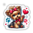 Valentine Yorkie Dog Hearts: A cartoon Yorkie with a bow surrounded by paw prints and heart motifs, available as stickers or digital artwork.