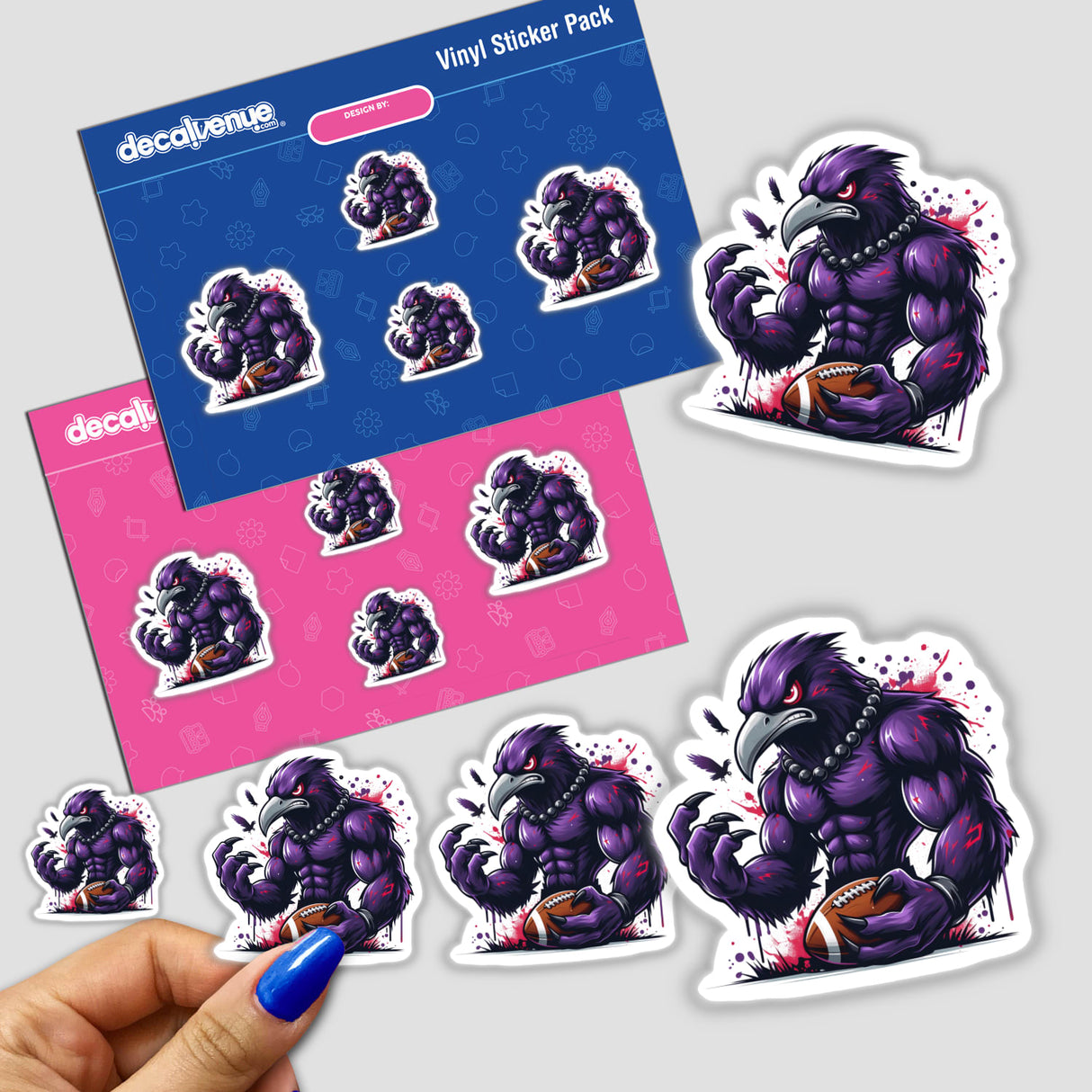 Sticker sheet featuring Purple Raven Bird with Football Splatter, depicting a purple bird holding a football in various poses, with a close-up of a finger showing sticker application.