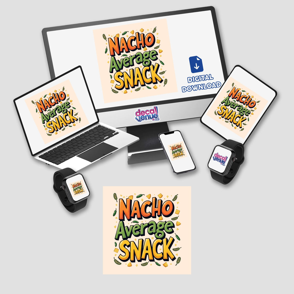 Nacho Average Snack - Funny Nacho Themed Sticker displayed on screens and devices, ideal for nacho lovers seeking unique clipart with commercial rights from Decal Venue.