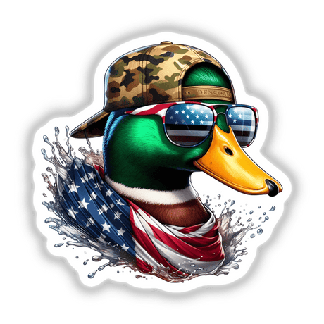 Mallard Duck American Stud sticker featuring a cartoon duck wearing a stylish hat and sunglasses, embodying a playful and artistic vibe. Available as a unique vinyl sticker or digital artwork.