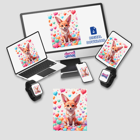 A Cute Fennec Fox With Love Hearts displayed on a computer monitor and laptop, available as stickers or digital artwork. Perfect for fans of unique digital art and vinyl decals.