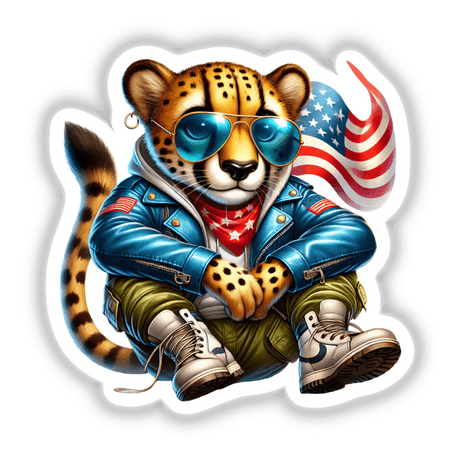 Patriotic Cheetah Aviator Sticker - Digital Artwork with a stylized cheetah wearing American flag-themed clothes and sunglasses, appearing in the center of the image.