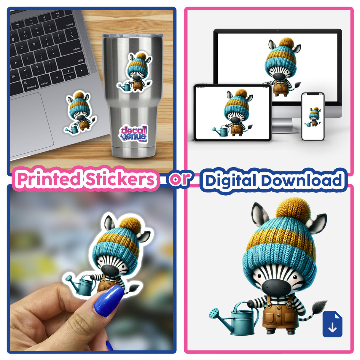 Colorful zebra gnome holding a watering can, depicted on a variety of digital and physical media including a laptop screen, mobile device, and printed sticker. The quirky, whimsical character is the focus of this digital artwork offered by the Decal Venue store.