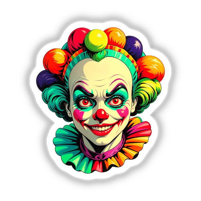 Crazy Clown Girl cartoon illustration featuring a whimsical clown face with exaggerated features, available as stickers or digital artwork.