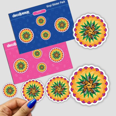 Vibrant floral stickers featuring colorful mandala designs in a variety of sizes, showcased in a Decal Venue vinyl sticker pack.