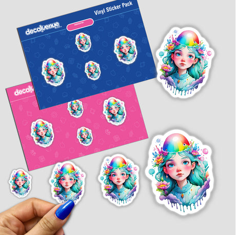 Sticker Design: Dreamy Magical Portrait of a Woman, featuring a cartoon girl with flowers and a rainbow hat, held by a hand, available as stickers or digital artwork.