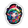 Santa's Little Helper: Kawaii Elf as a cartoon girl with blue hair, wearing a hat, surrounded by colorful elements. Available as stickers or digital artwork.