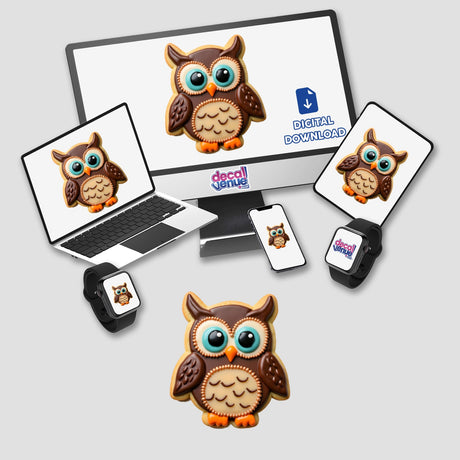 Owl Shaped Cookie with Brown Feathers and Big Eyes displayed on various devices, showcasing the unique sticker and digital artwork options available from Decal Venue.