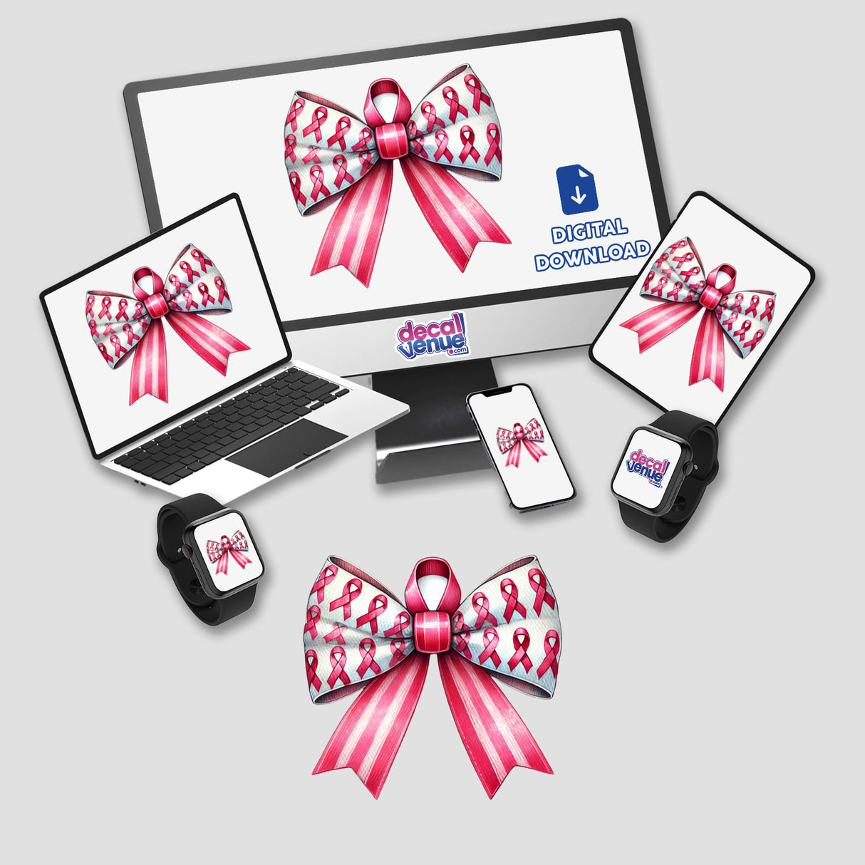 Laptop and cell phone screens display a pink Breast Cancer Awareness Coquette Bow, available as stickers or digital artwork.