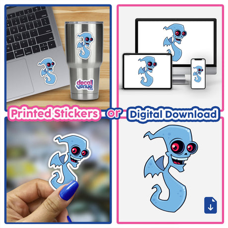 Collage featuring Ghost Demon stickers, including a blue sea creature cartoon and a blue monster character, available individually or in a sticker pack.