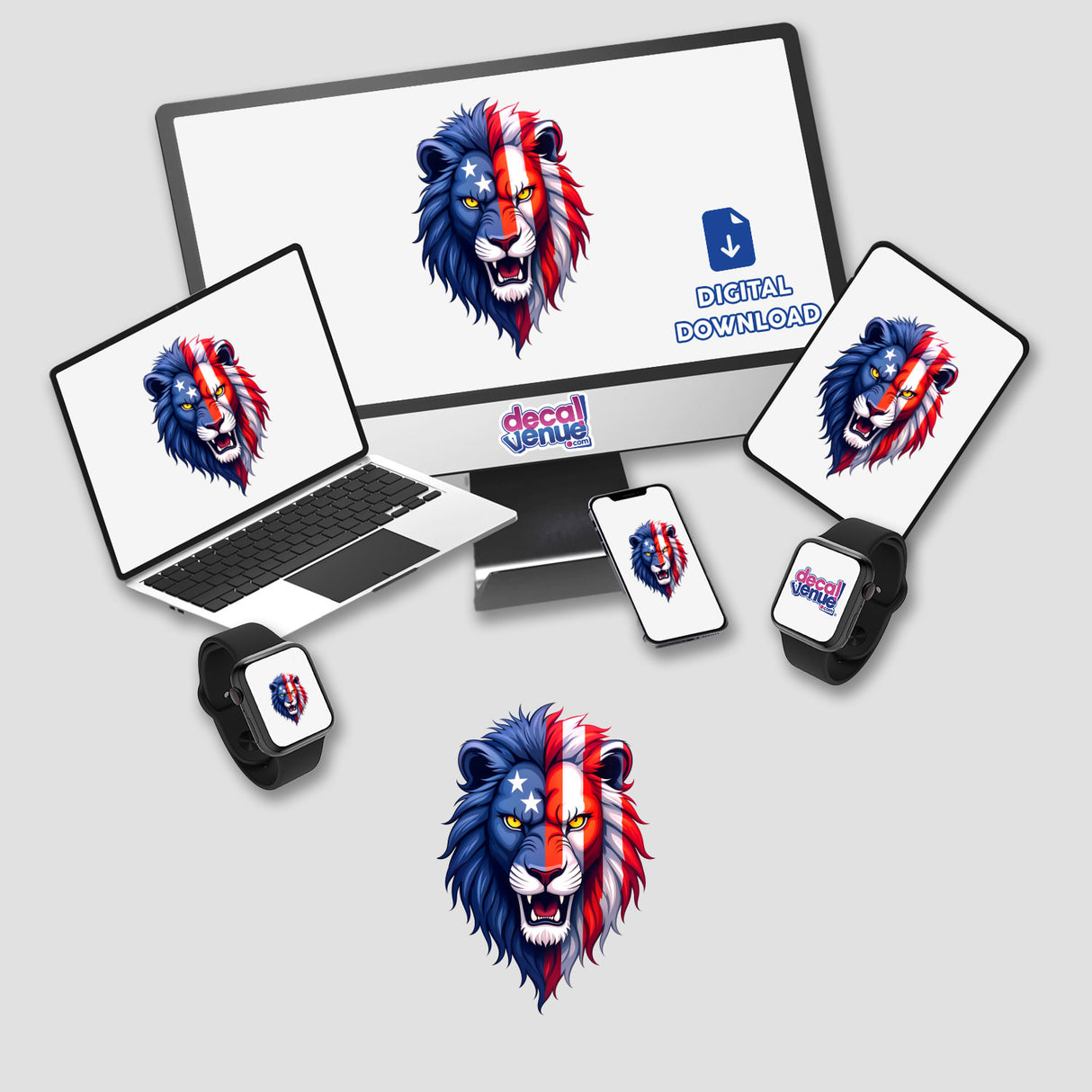 A Cool American Flag Lion displayed on a computer monitor and laptop, available as stickers or digital artwork from Decal Venue, showcasing unique designs.