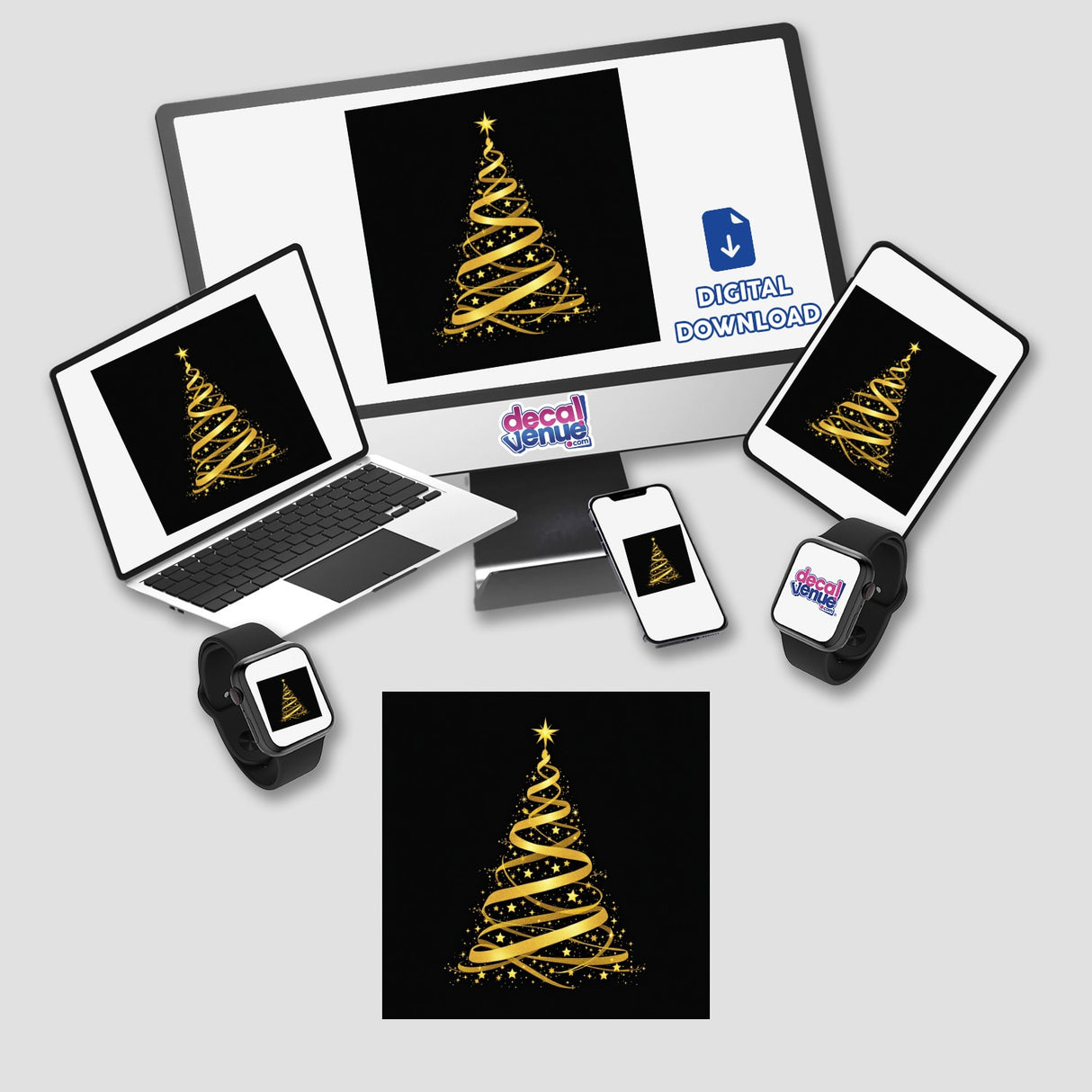 Gold Christmas Tree displayed on a computer monitor and laptop screen, available as stickers or digital artwork. Perfect for festive decoration from Decal Venue's unique collection.