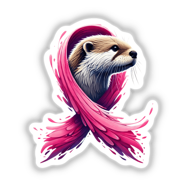 Otter Pink Ribbon Breast Cancer: Adorable cartoon otter adorned with a pink ribbon, symbolizing breast cancer awareness. Available as stickers or digital artwork.