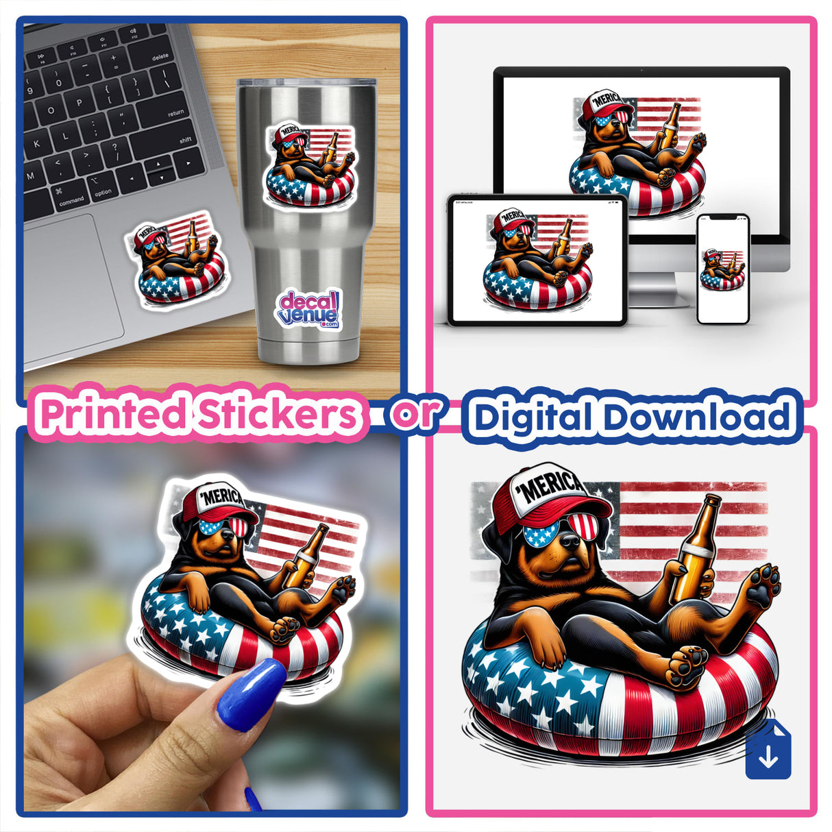 Rottweiler dog in patriotic American flag float, Merica-themed digital artwork available as printed stickers or digital download from DecalVenue store