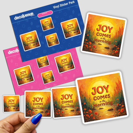 Joy Comes in the Morning Christian Sticker or Clipart, featuring a hand holding a sticker pack with designs like a river, flowers, and text, available with commercial rights.