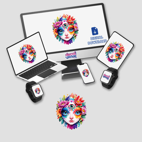 Enlightened Vision: Rainbow Floral Third Eye displayed on a computer monitor and laptop screens, featuring a colorful face with flowers and a third eye, available as stickers or digital artwork.