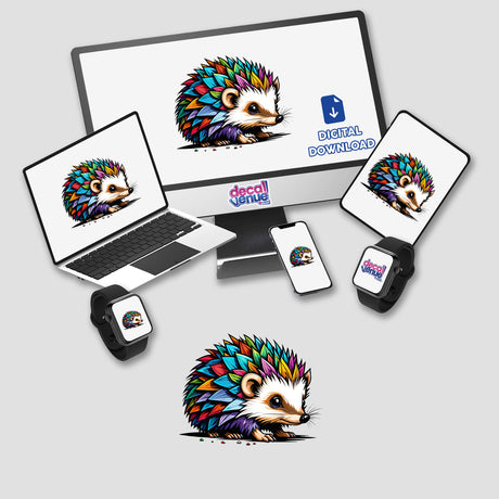 Colorful digital illustration of a cute hedgehog displayed across various electronic devices including a laptop, tablet, smartphone, and smartwatch. The hedgehog features vibrant, patterned spines and is set against a plain white background. The image showcases the product placement on the devices from the Decal Venue online store.