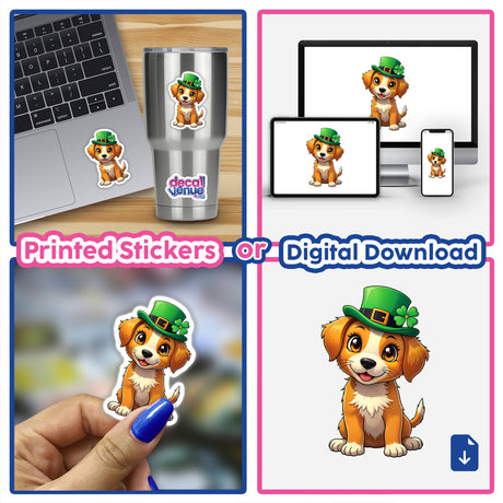 St. Patrick's Day Puppy stickers and digital artwork collage featuring cartoon dogs in green hats, adorning items like laptops and cups, embodying Decal Venue's unique style.