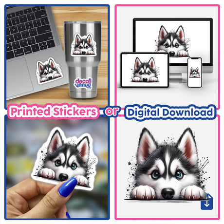 Peeking Husky Dog Splatter sticker displayed on a laptop, featuring a black and white dog with striking blue eyes, embodying Decal Venue's unique sticker artistry.