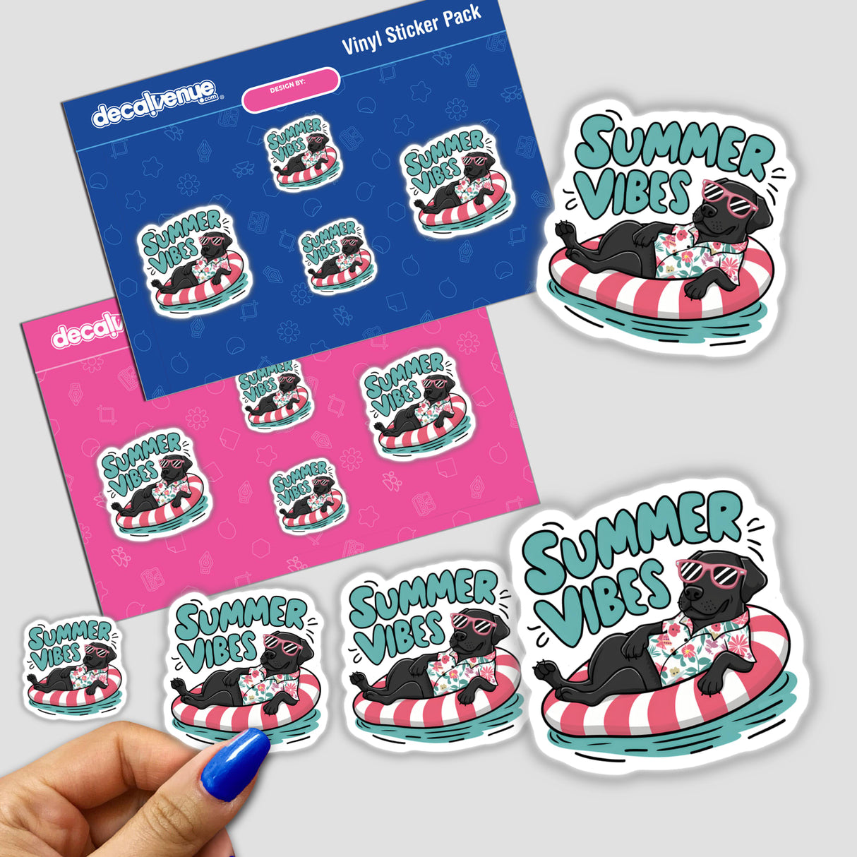 Summer Vibes Black Lab Labrador Retriever III - Playful black Labrador retriever dog in pool floats, adorned with summertime stickers against pink and blue backgrounds.