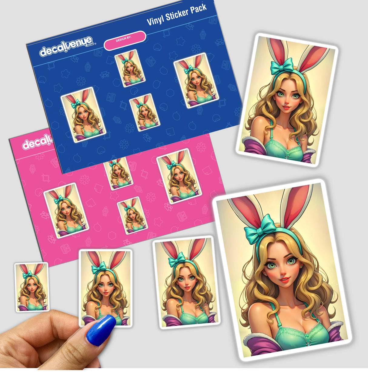 a hand holding a sticker with a picture of a woman wearing bunny ears