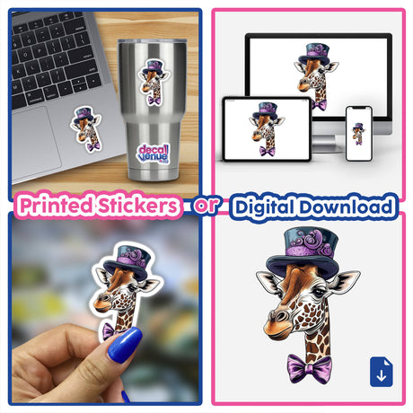 Giraffe Wearing a Purple Top Hat and Matching Bow Tie sticker displayed on a laptop, showcasing the whimsical design available as vinyl stickers or digital artwork from Decal Venue.