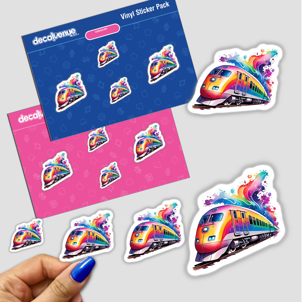 Hand holding a Space Train Adventure Sticker | Cosmic Journey Art for Your Gear, showcasing a vibrant train with rainbow trails, ideal for unique decoration from Decal Venue.