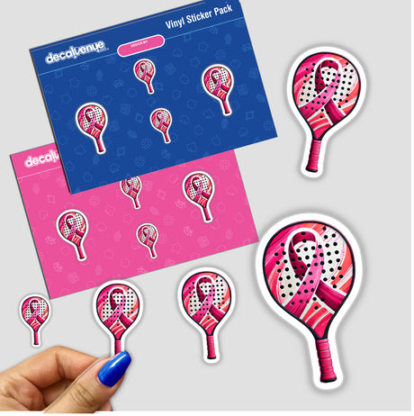 Pickleball Paddle Pink Ribbon Breast Cancer stickers showing various pink ribbon designs, emphasizing support and awareness.