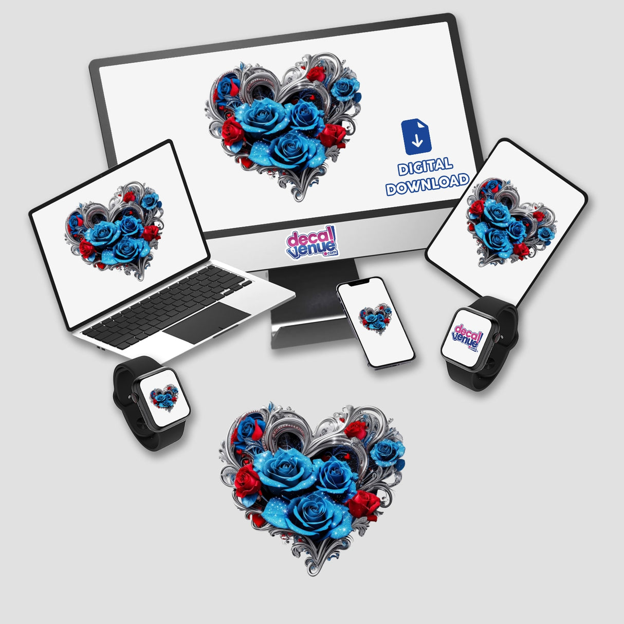 Sparkling Silver Heart With Blue And Red Roses depicted on a computer monitor and laptop screens, available as stickers or digital artwork from Decal Venue.