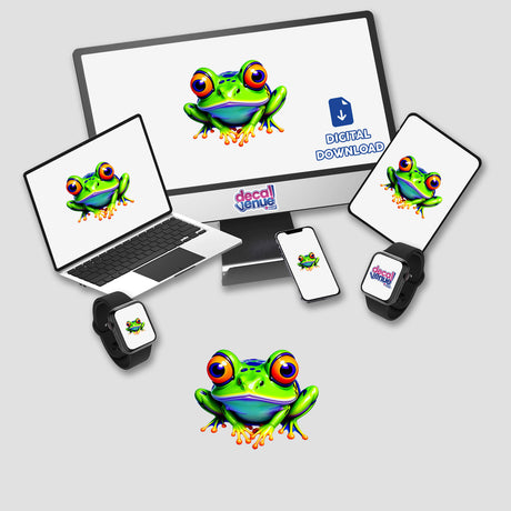 A Colorful Jungle Frog displayed on a computer monitor and laptop screen, showcasing vibrant digital artwork available as stickers or digital art from Decal Venue.