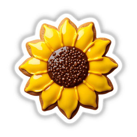 Sunflower Shaped Cookie with Yellow Petals and Brown Center, available as stickers or digital artwork, showcasing intricate petal details and a realistic flower design.