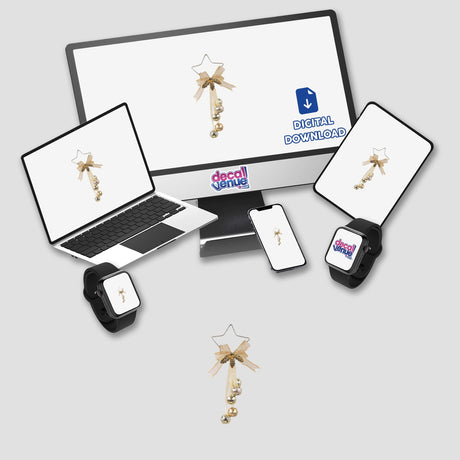 Gold star Christmas decoration with jingle bells shown on various digital devices, including a laptop, desktop monitor, smartphone, and smartwatch, against a plain white background.