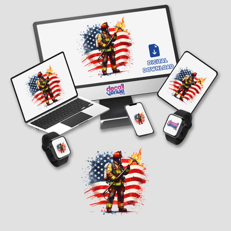 American Firefighter Rescue digital artwork displayed on a laptop and monitor, featuring a firefighter with rescue equipment. Available as stickers or digital art from Decal Venue.