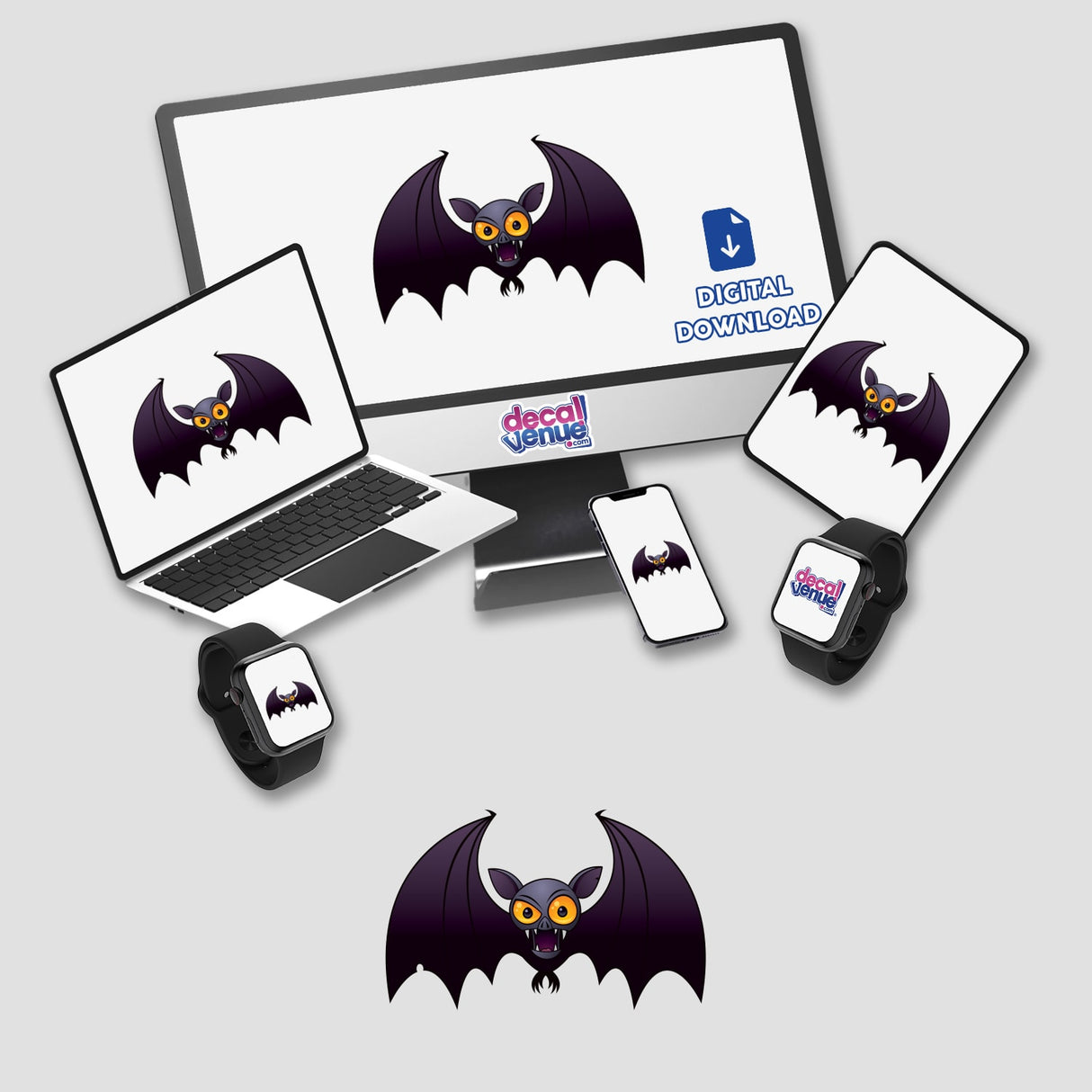 Halloween Vampire Bat sticker featured on a computer monitor, laptop, tablet, and smartwatch screens, showcasing a cartoon bat design from Decal Venue's collection of unique stickers and digital art.