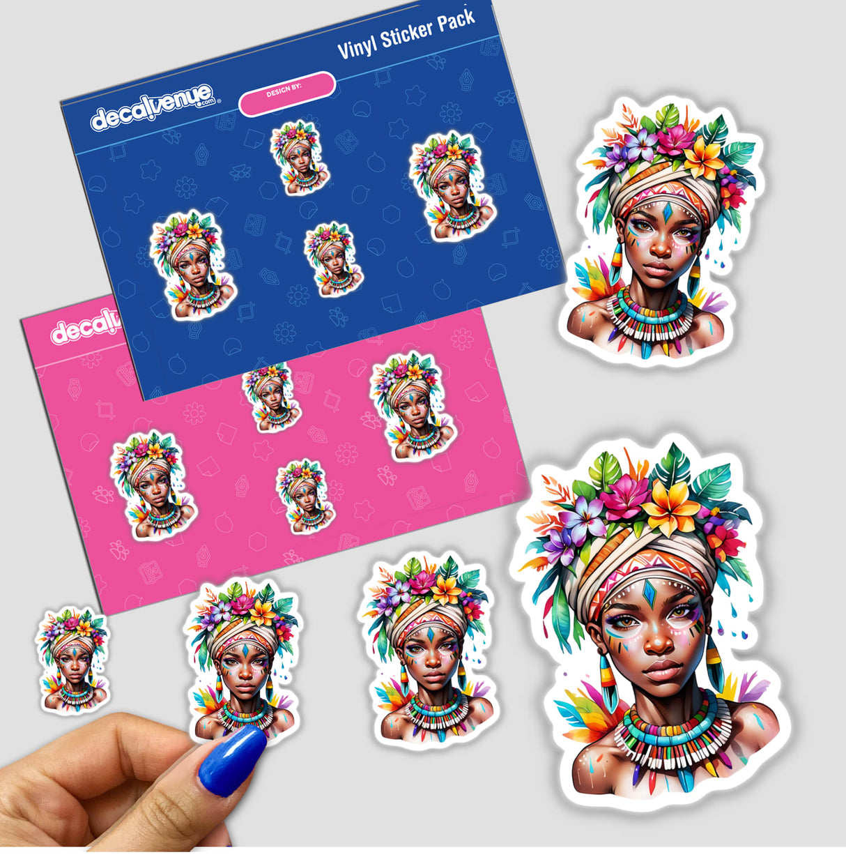 Vibrant African Tribal Woman Sticker - Mesmerizing Floral Headdress Portrait features a woman with colorful makeup, adorned with flowers in her hair, available as stickers or digital artwork.