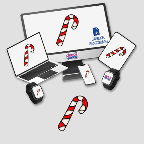 Candy Cane Stained Glass Style digital artwork featuring a computer monitor and laptop, both displaying candy cane designs, available as unique stickers or digital art from Decal Venue.