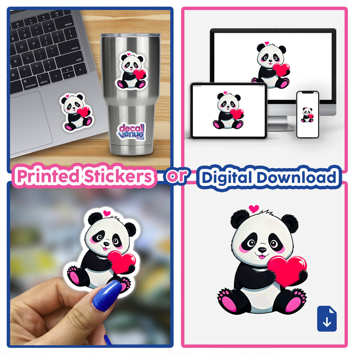 Collage featuring a Cute Panda Bear With Love Hearts sticker on a laptop, showcasing the charming cartoon design available as stickers or digital artwork from Decal Venue.