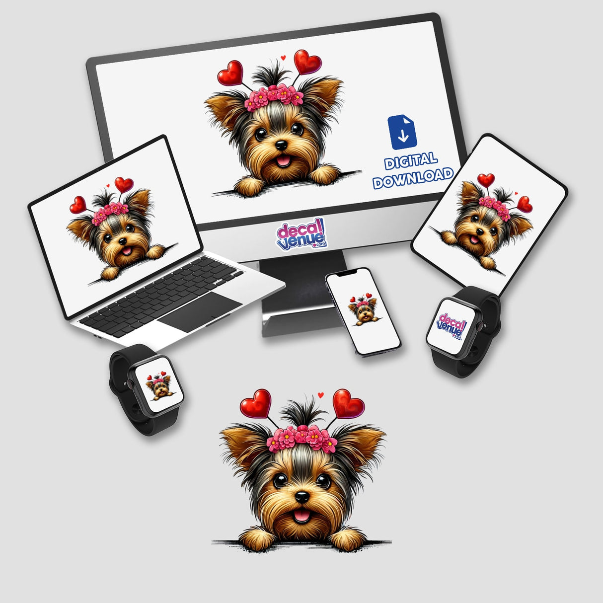 Peeking Yorkie Heart Headband displayed on various devices, showcasing a cute Yorkie with a heart-adorned headband, available as stickers or digital artwork.