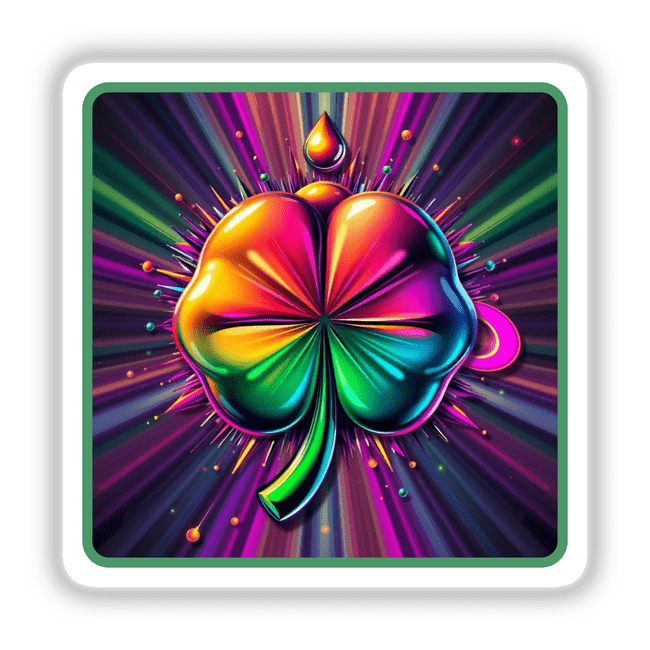 Super Lucky Charm: A vibrant clover design with a glistening water droplet, available as stickers or digital artwork, showcasing the unique flair of Decal Venue's collection.