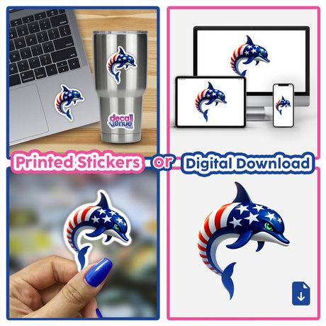 A Cool American Flag Dolphin sticker collage, featuring blue dolphins with red, white, and blue stripes and stars, shown on a laptop and as digital artwork.