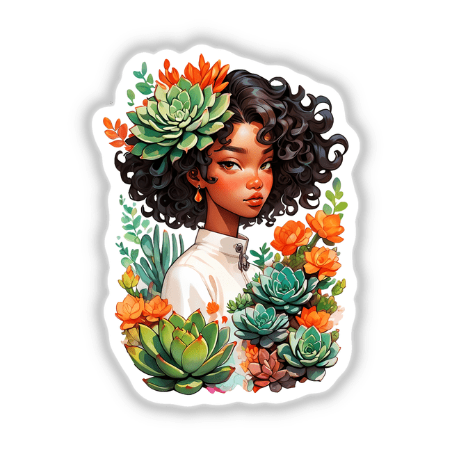 Botanical Afro-Korean Portrait Sticker | Succulent-Inspired Design: A woman’s hair adorned with succulents, blending botanical elements into her portrait, available as stickers or digital artwork.